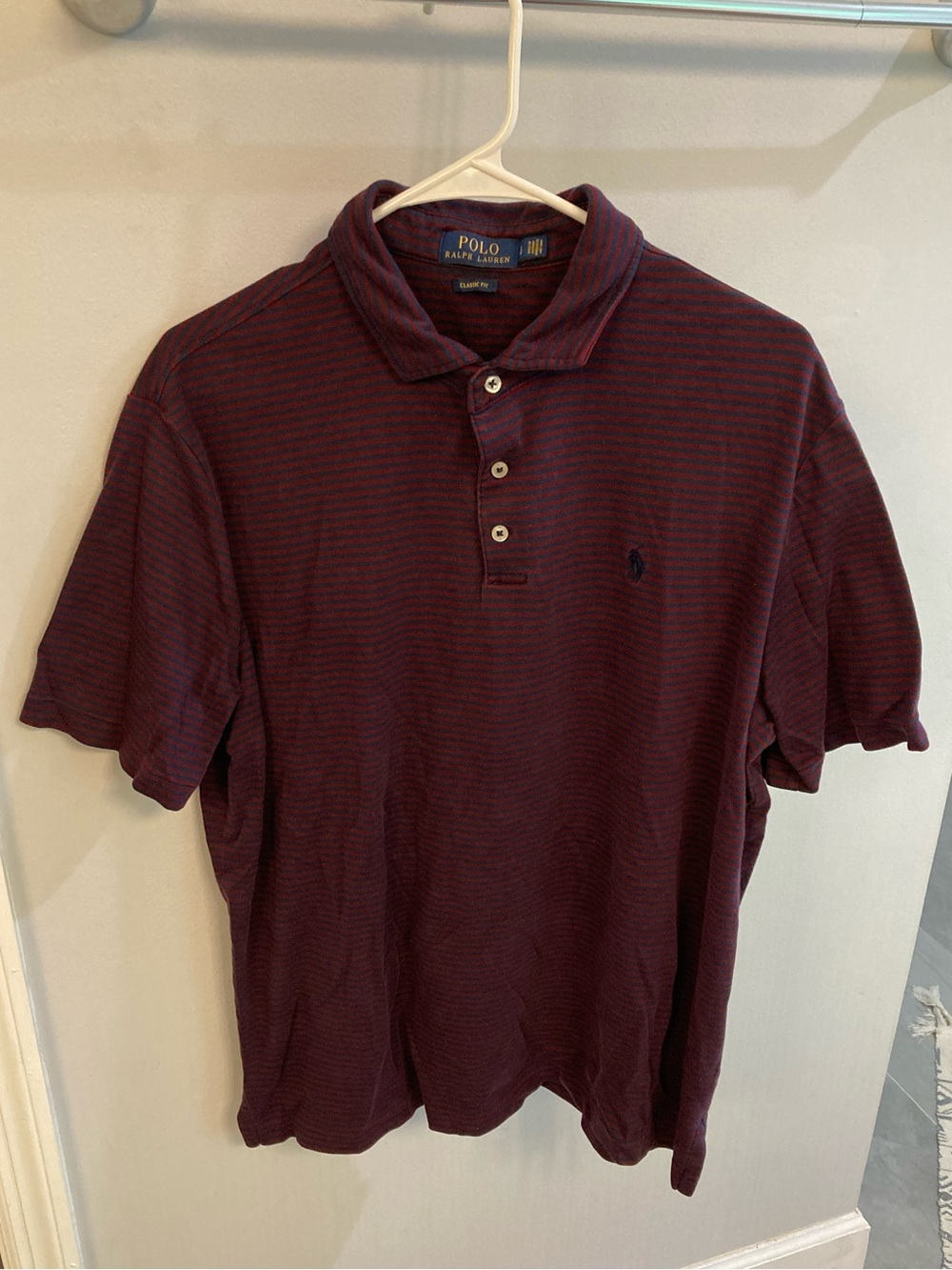 Polo Ralph Lauren Rugby Shirt Men L Burgundy Striped Cotton Pony Preppy Academia